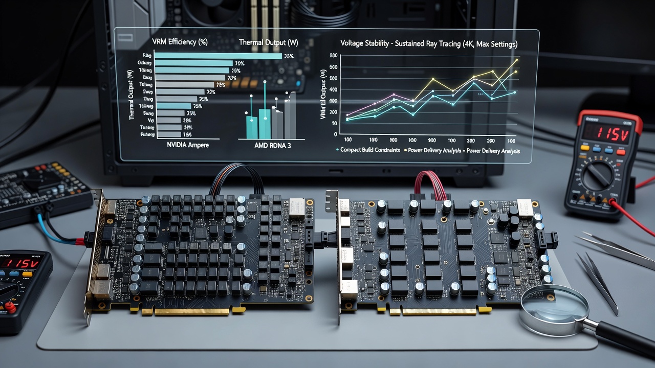 Voltage regulator modules on competing GPU boards during thermal testing in small form factor chassis