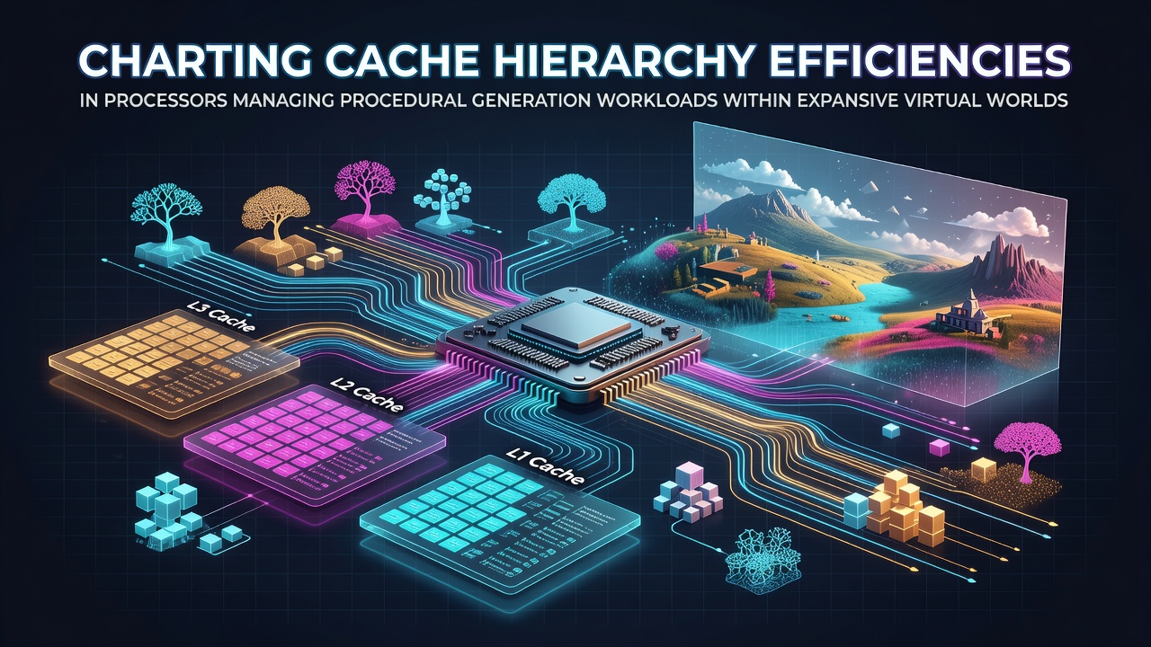 Processor cache hierarchy diagram showing L1, L2, and L3 levels interacting with procedural generation algorithms in virtual world simulations