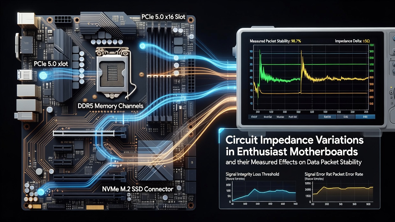 Signal integrity test setup measuring data packet stability on motherboard traces during virtual environment asset transfers