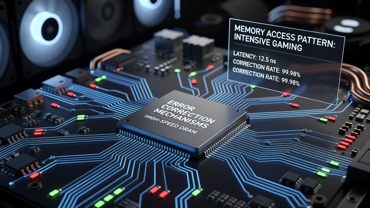 High-speed DRAM modules with error correction features integrated into gaming PC setups showing memory access patterns