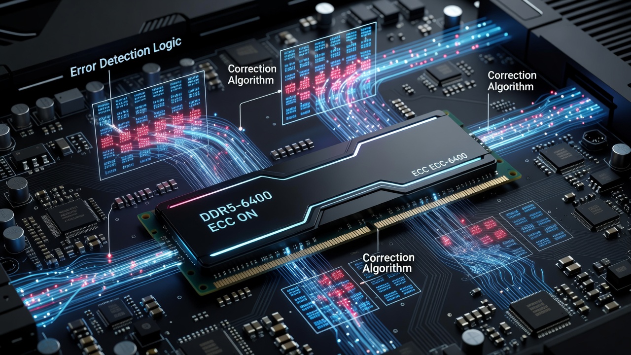 Detailed view of DRAM error correction circuitry handling intensive memory access in a high-performance gaming rig