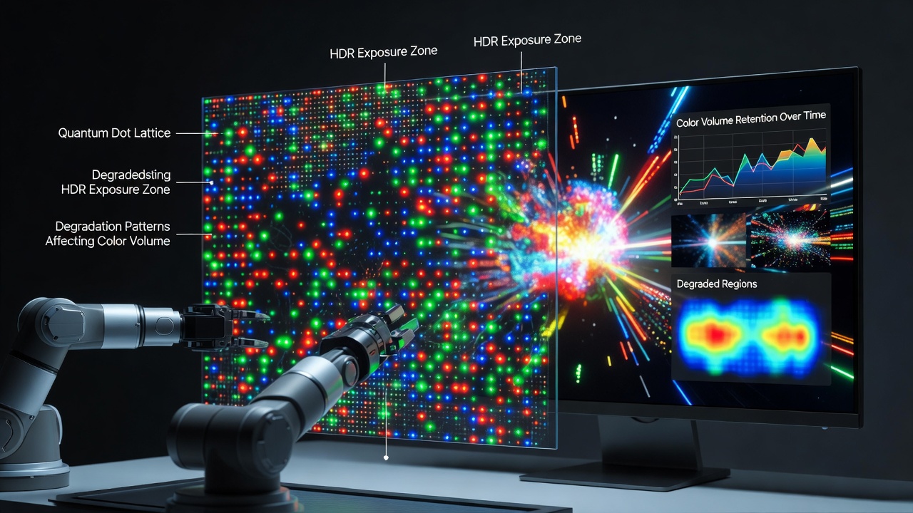 Close-up view of quantum dot layer structure in a modern desktop display panel showing initial uniformity before extended HDR use