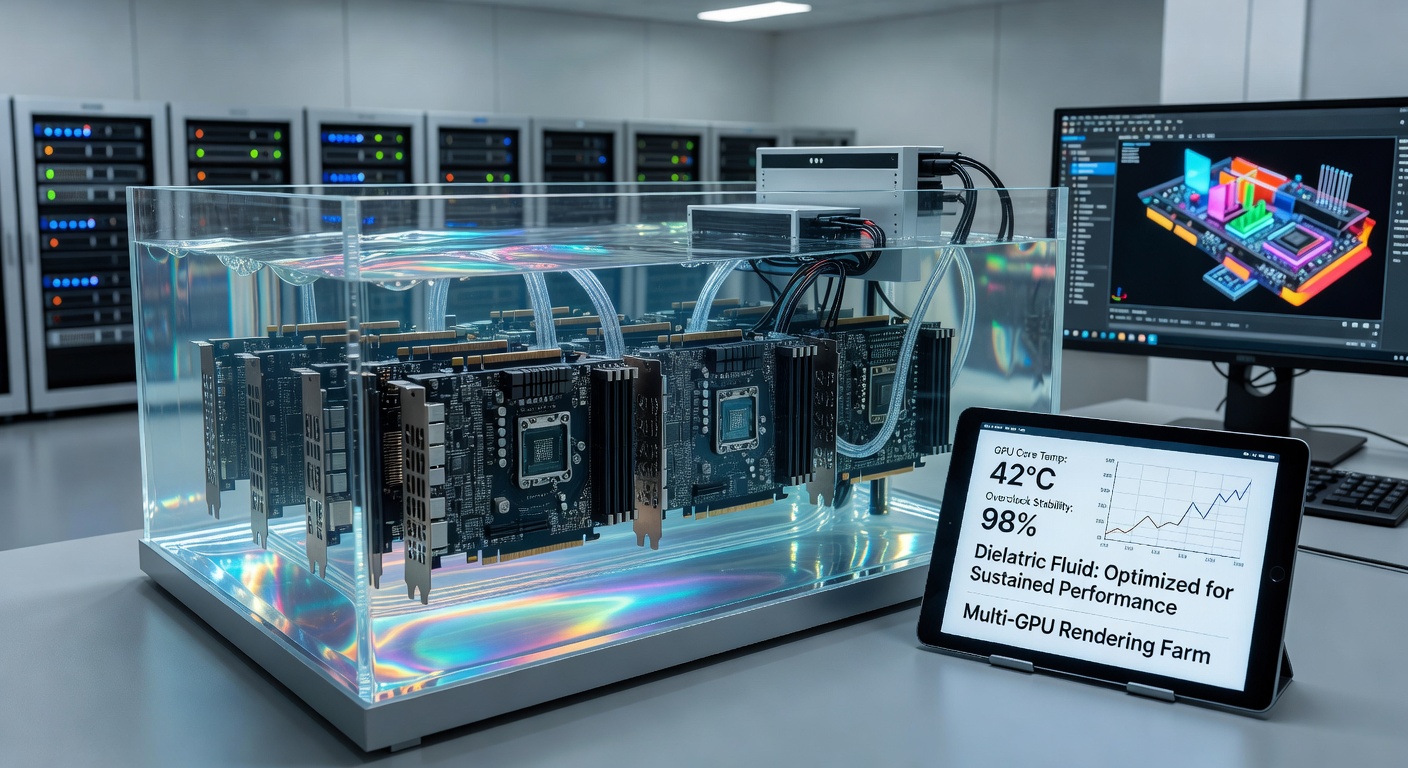 Immersion cooling bath setup with multiple GPUs submerged in dielectric fluid for rendering farm applications