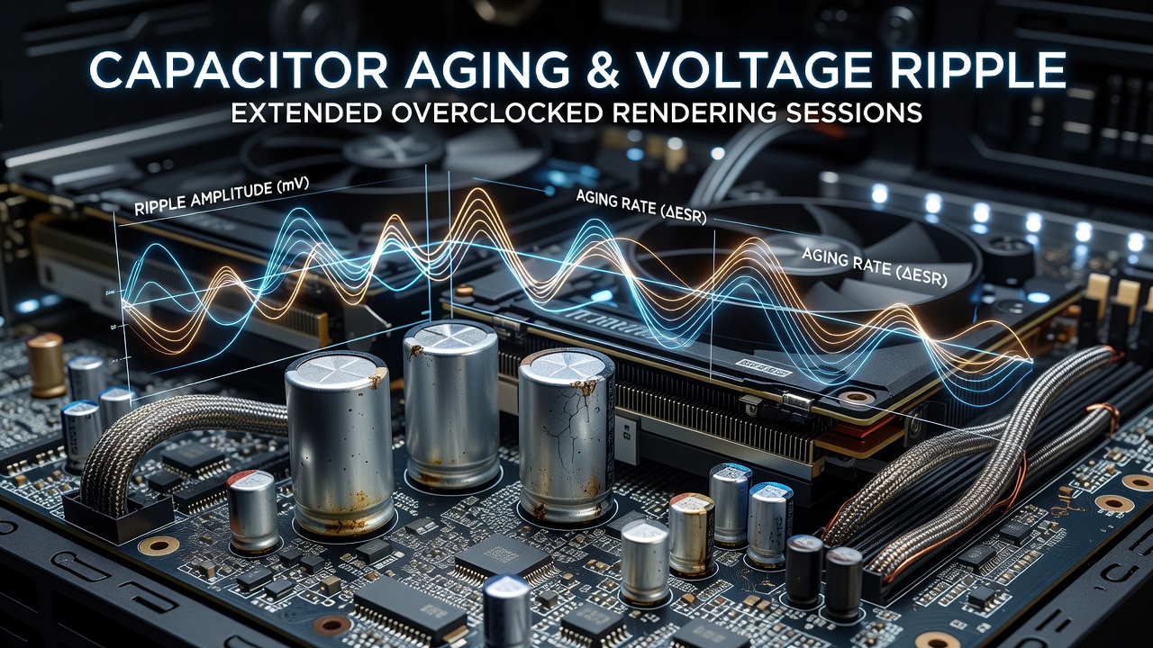 Diagram showing capacitor degradation in VRM circuits of multi-GPU workstations with voltage ripple waveforms