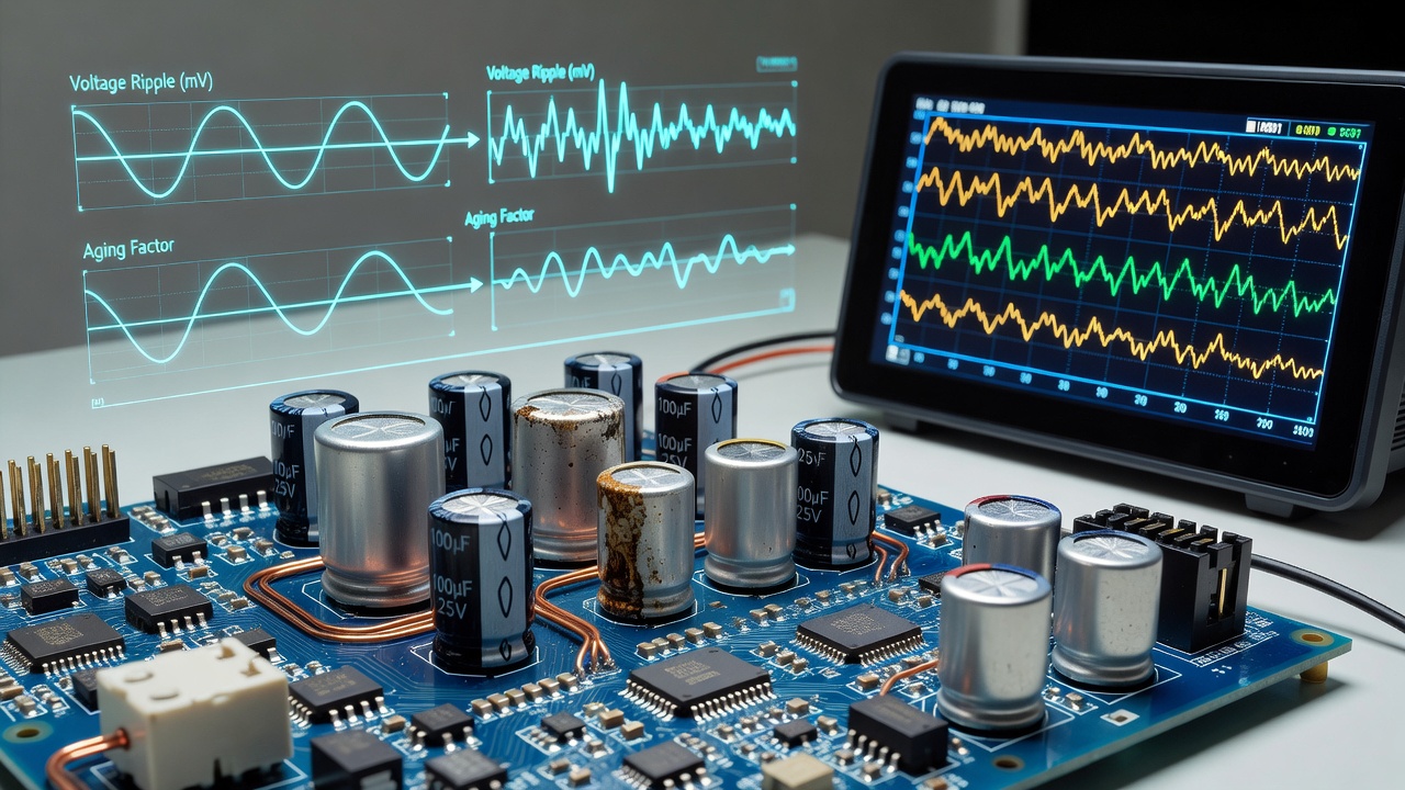Oscilloscope captures comparing initial and aged voltage ripple patterns in overclocked multi-GPU power delivery circuits