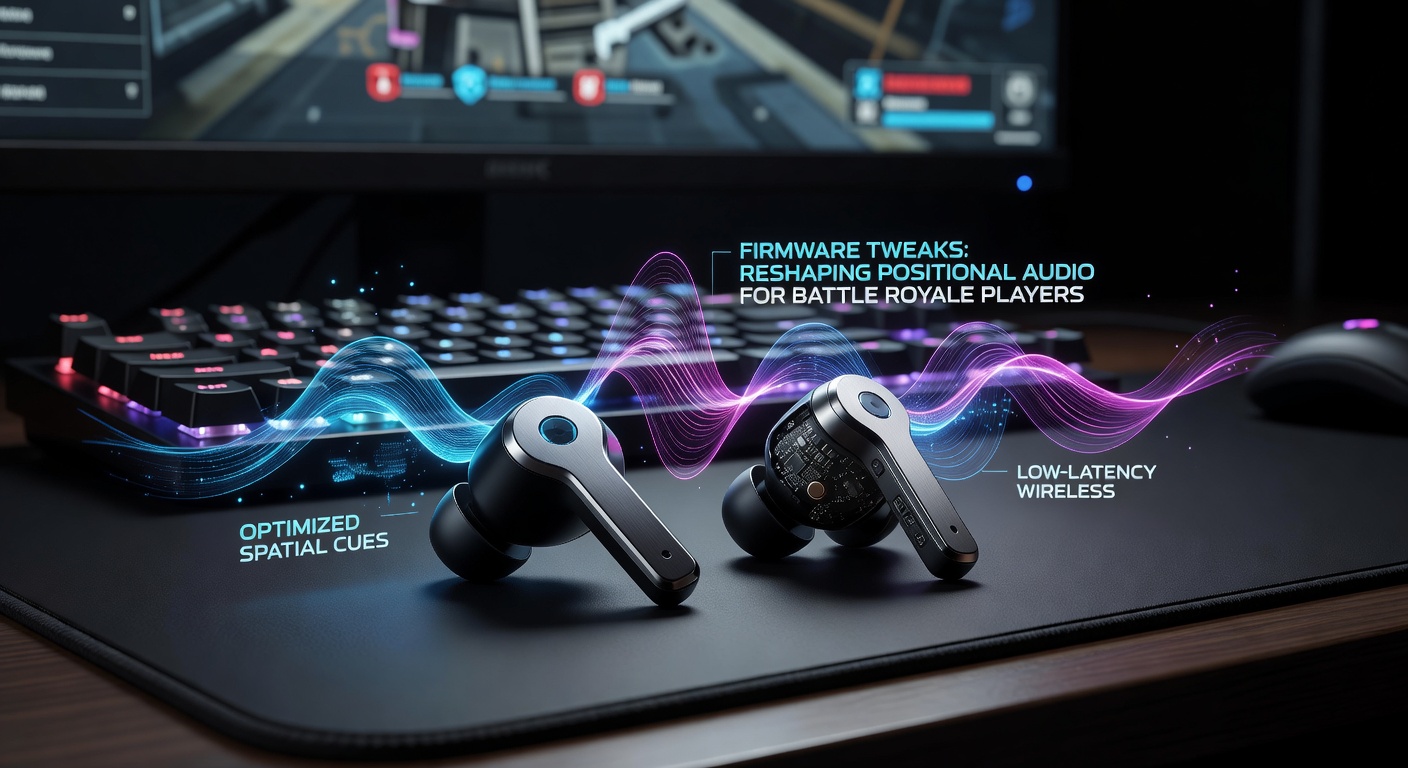 Wireless earbuds with firmware interface showing spatial audio adjustments for gaming