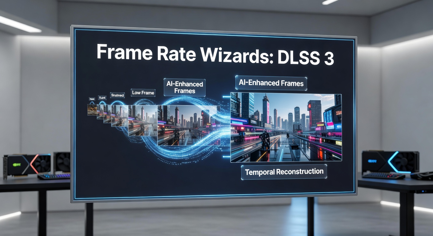 Benchmark charts comparing DLSS 3 performance across RTX GPUs in titles like Alan Wake 2, highlighting frame rate multipliers and image quality scores