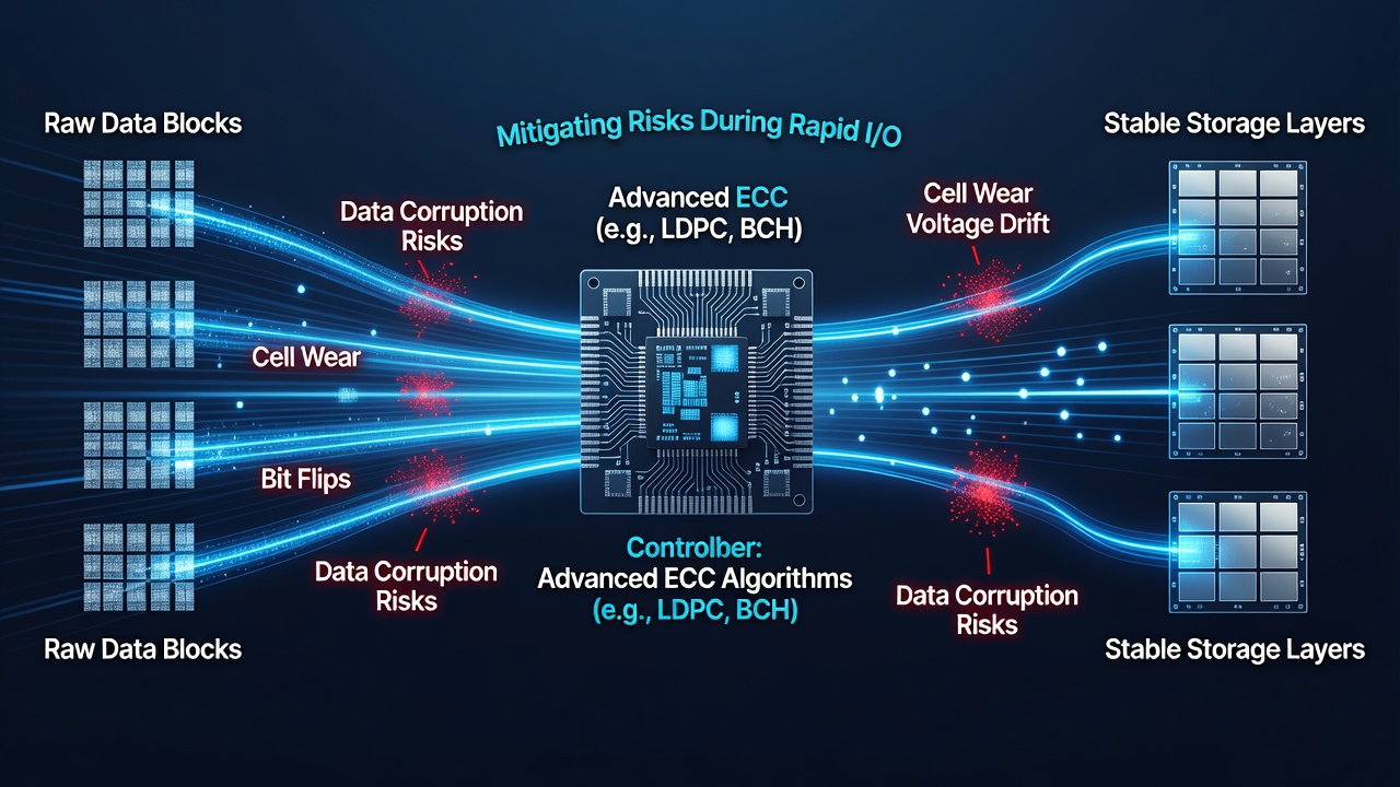 Close-up view of SSD controller chip with overlaid error correction workflow graphics
