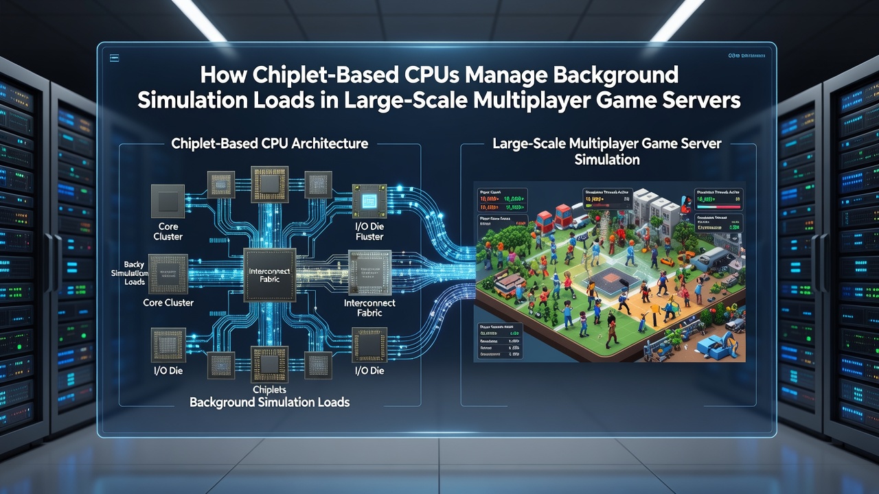 Chiplet-based CPU architecture diagram showing interconnected dies managing parallel simulation threads in a server environment