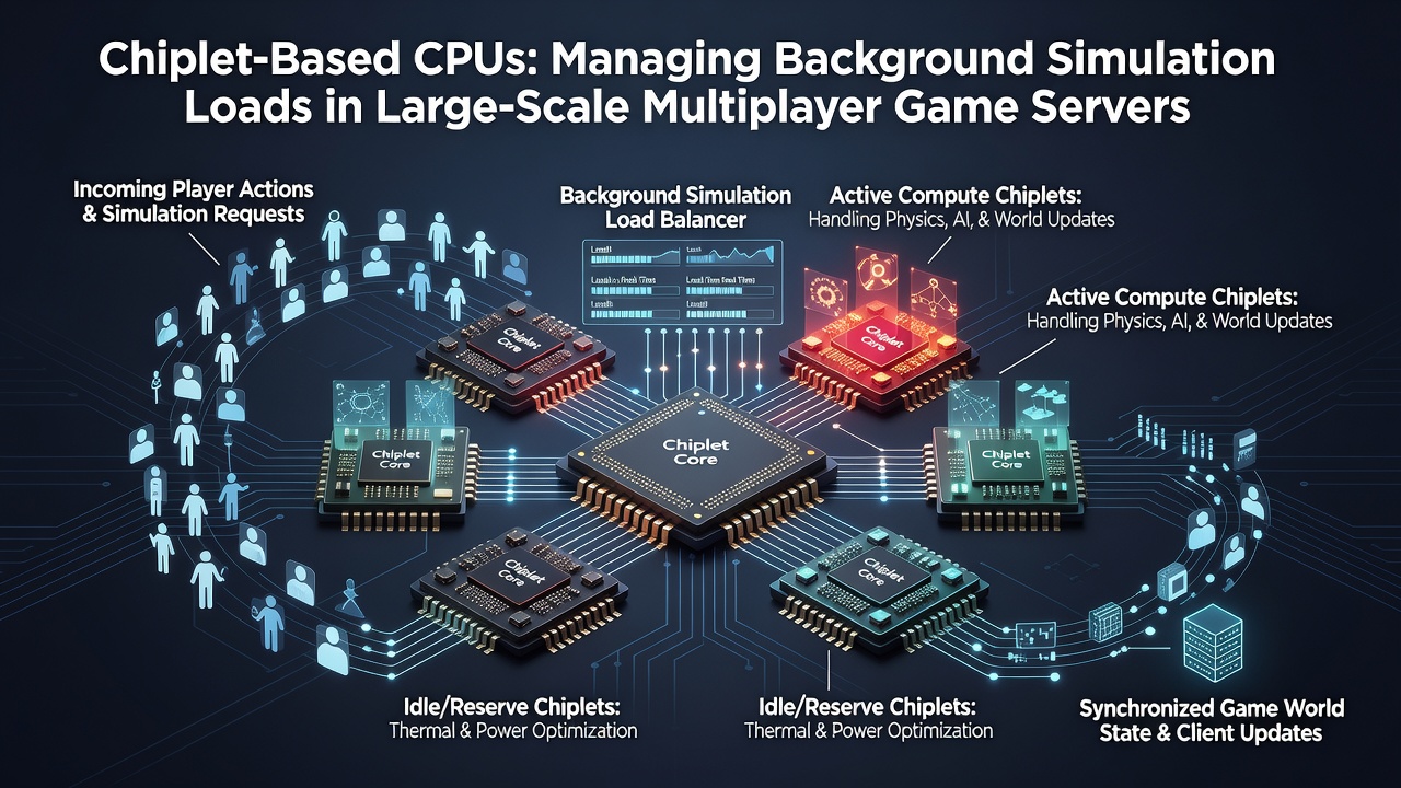Server rack with chiplet CPU nodes processing multiplayer simulation data in a data center setting