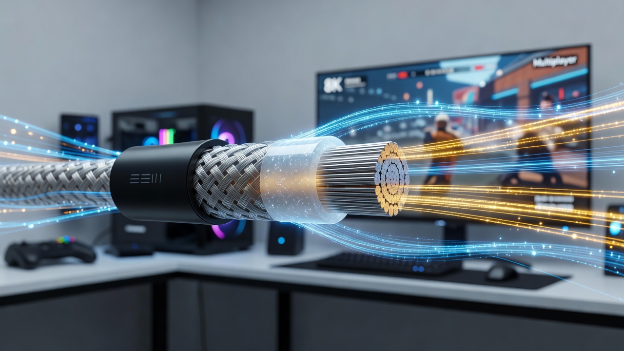 Close-up cross-section of high-speed cable assembly showing layered dielectric compounds surrounding signal conductors in a gaming setup