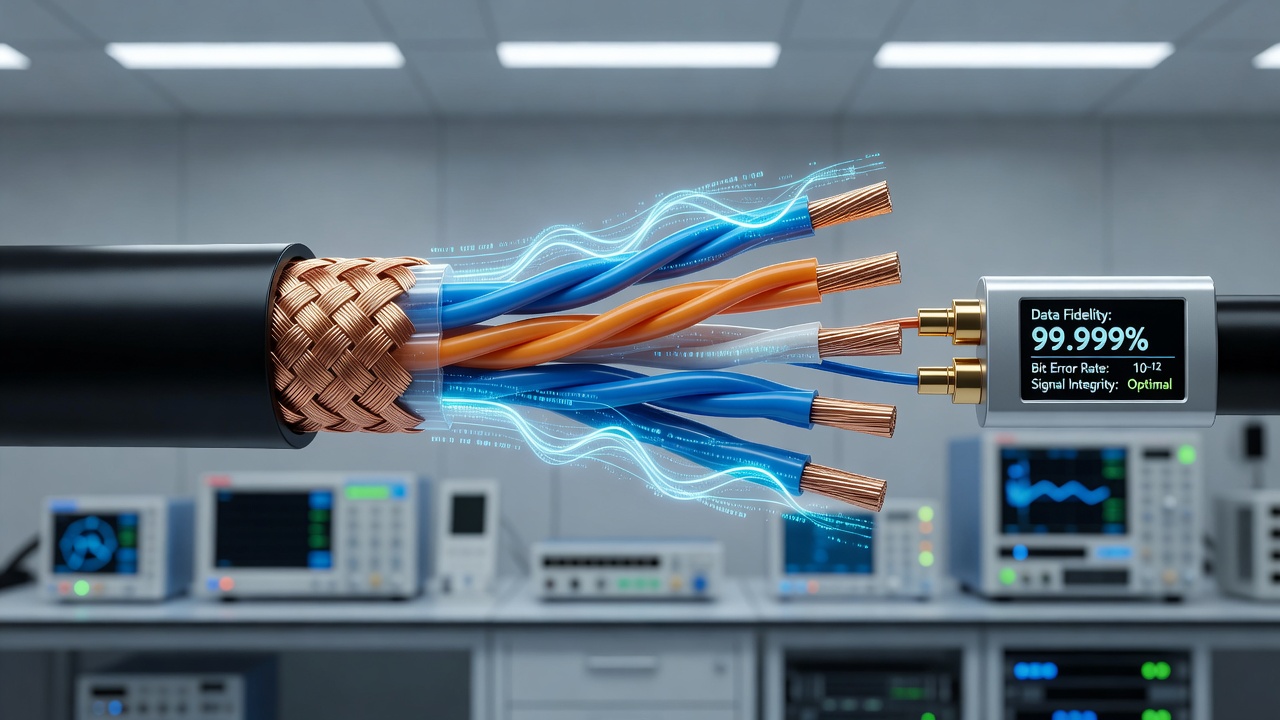Laboratory test setup measuring signal integrity on high-speed cables under 8K video and USB polling loads