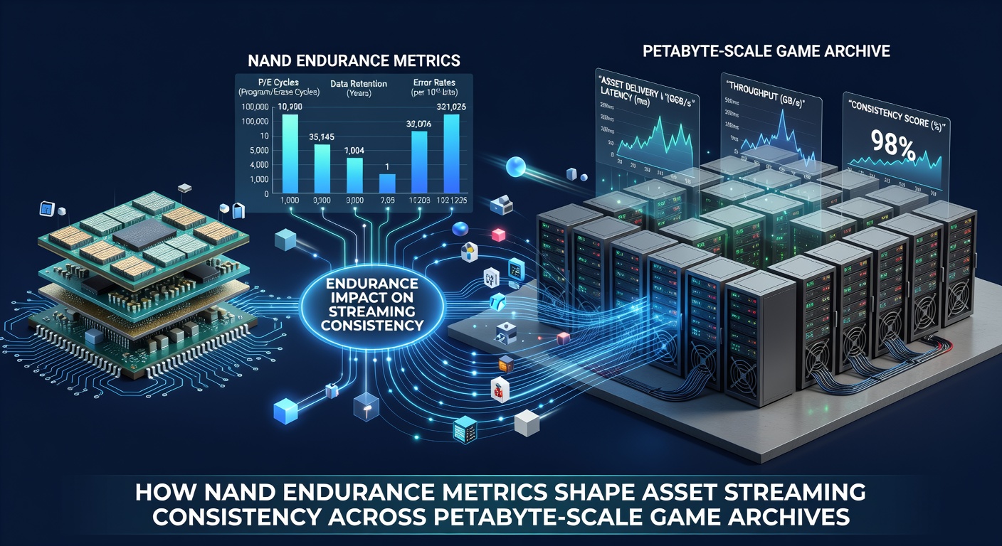 Server racks with high-density NAND storage managing petabyte game asset libraries