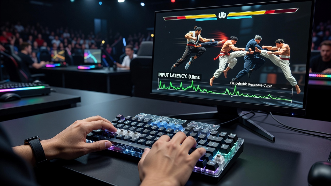 Close-up view of piezoelectric sensor integration in mechanical keyboard switches used for competitive gaming