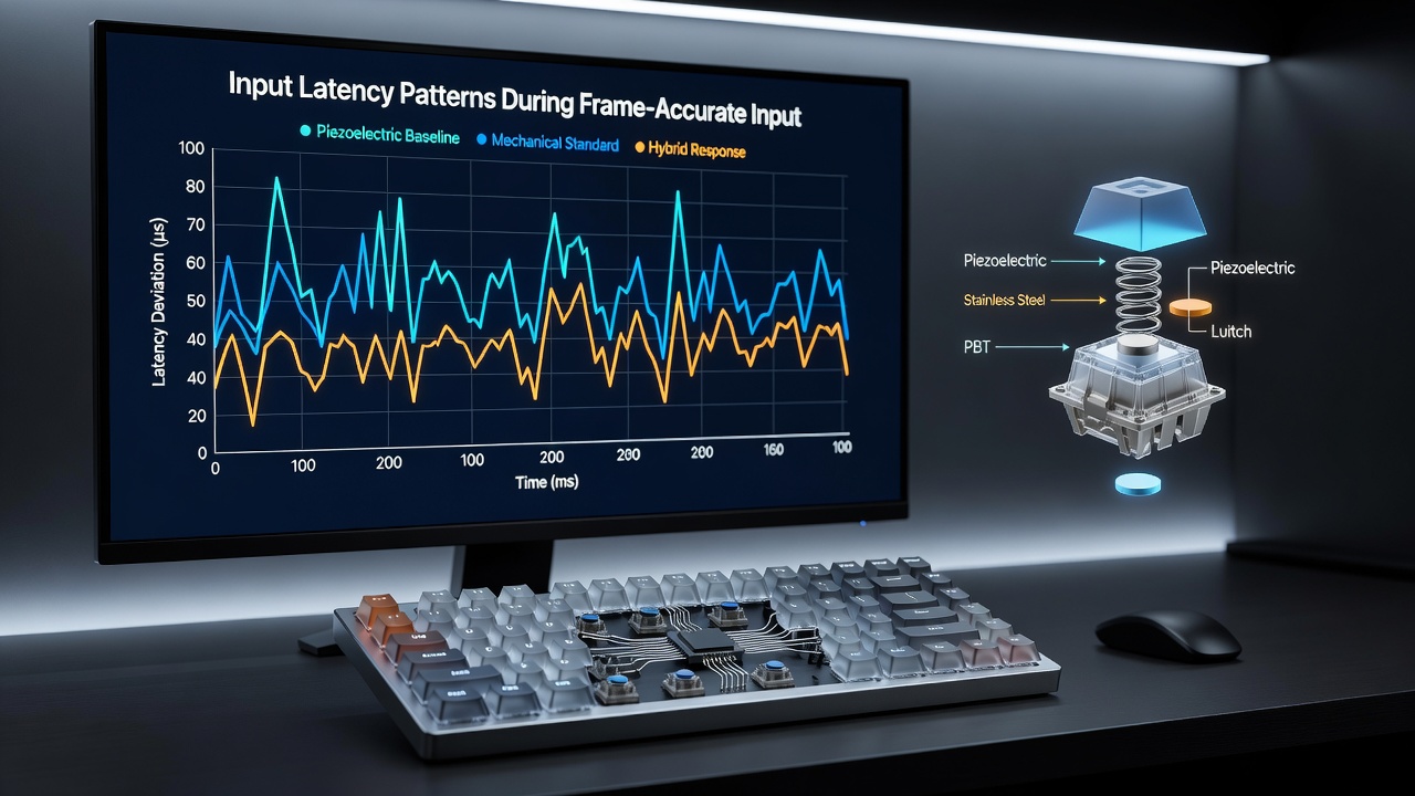Tournament setup displaying latency measurement equipment connected to piezoelectric keyboard arrays during live matches