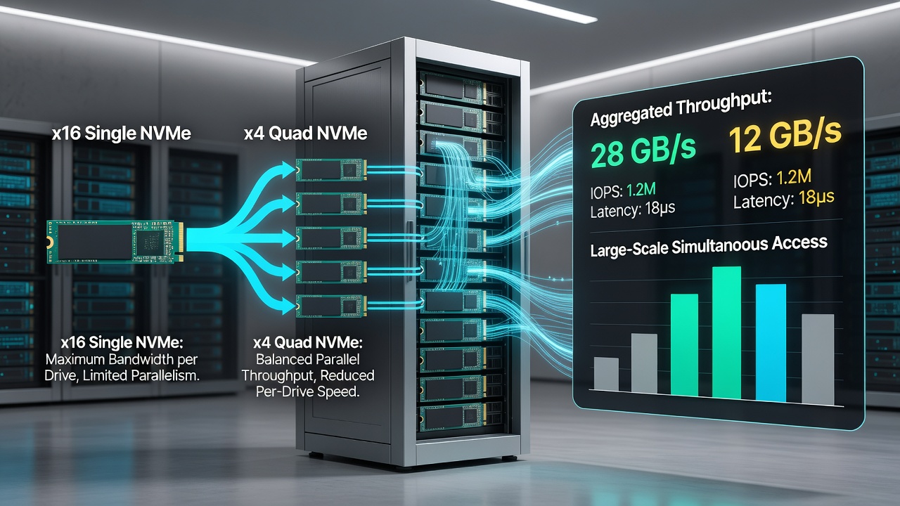 Benchmark charts comparing NVMe array speeds under different bifurcation modes during asset transfers