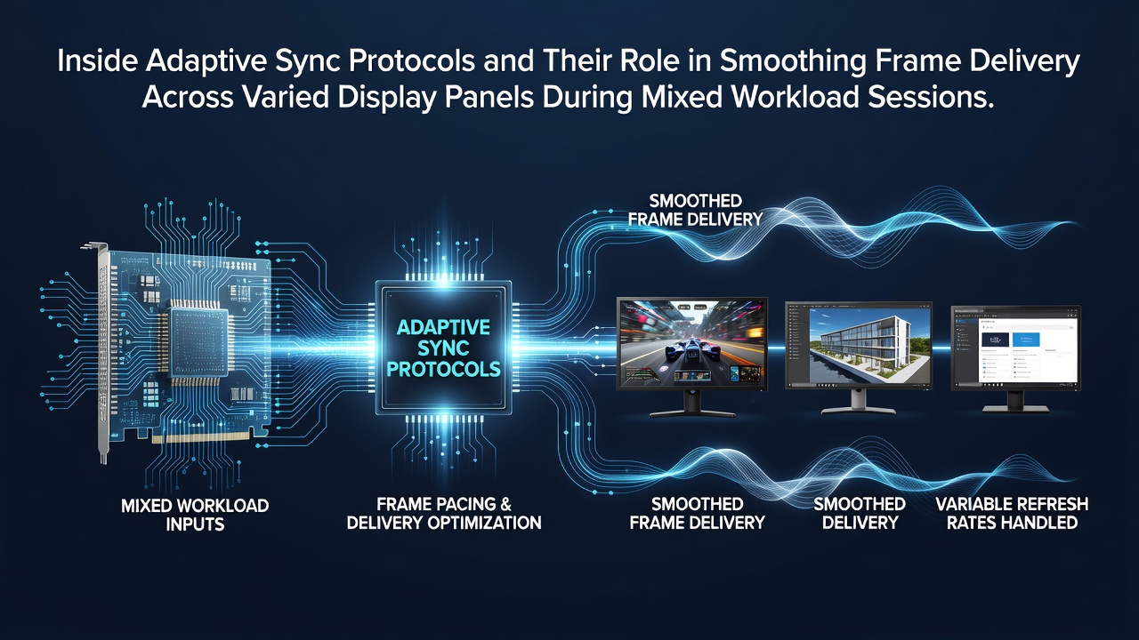 Diagram illustrating adaptive sync protocols adjusting refresh rates across different display panels during variable frame delivery