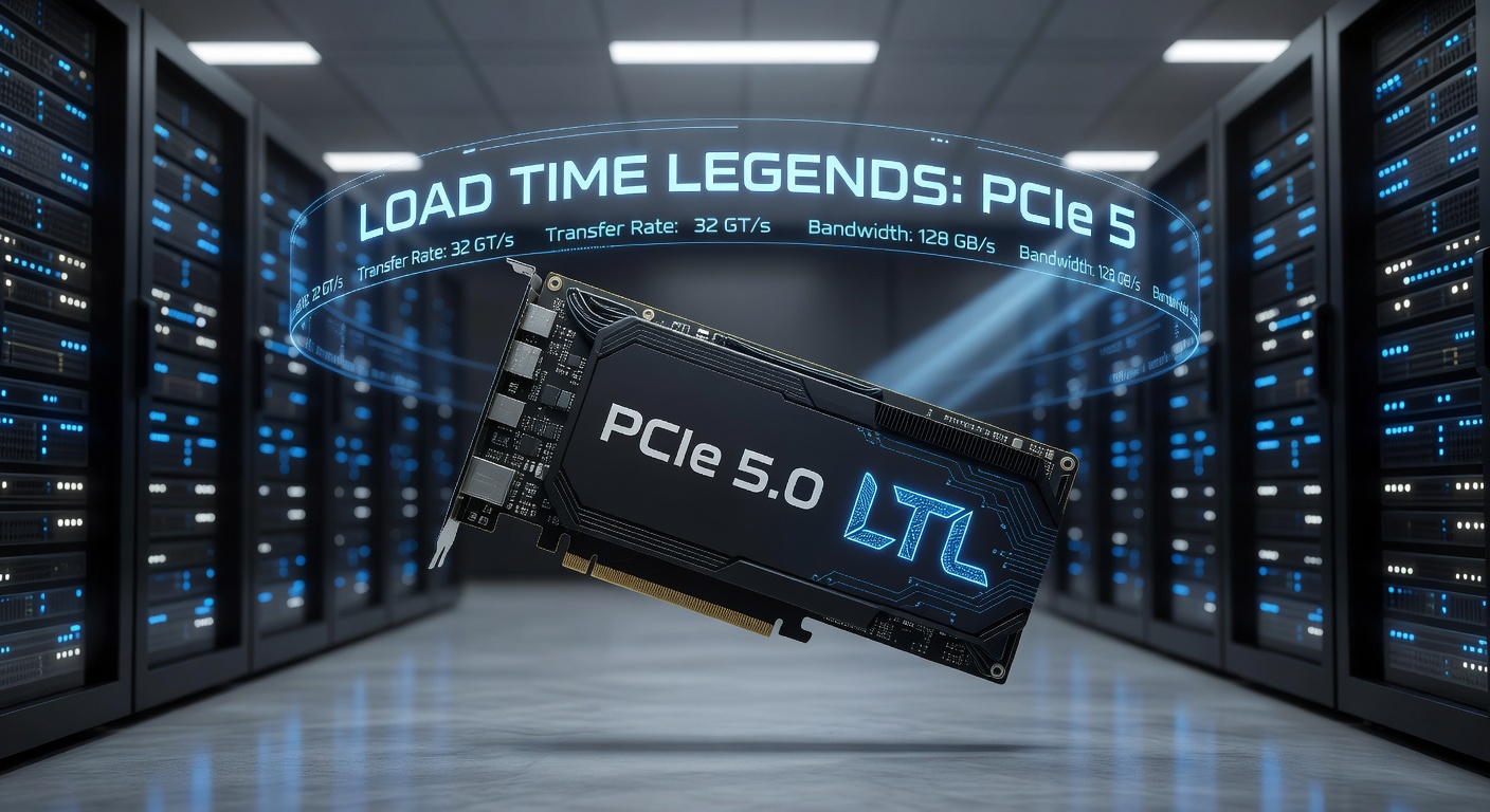 Benchmark chart comparing load times across PCIe generations, with PCIe 5.0 bars significantly shorter than predecessors in games like Elden Ring and Microsoft Flight Simulator