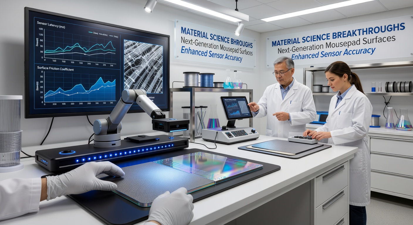Laboratory testing setup showing optical mouse sensor scanning across experimental mousepad material samples with measurement equipment