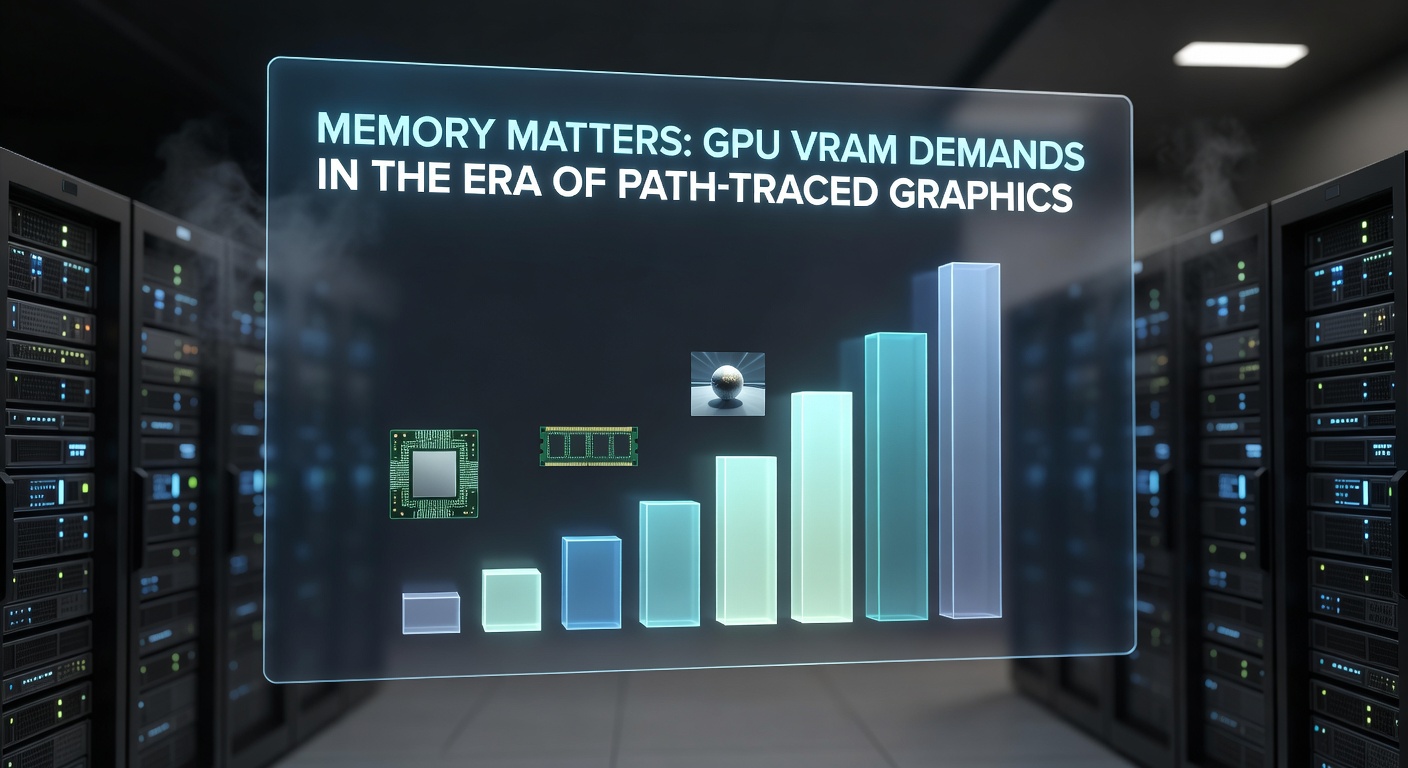 Bar chart comparing VRAM usage across rasterized and path-traced rendering in popular games, highlighting spikes in memory consumption for path-tracing