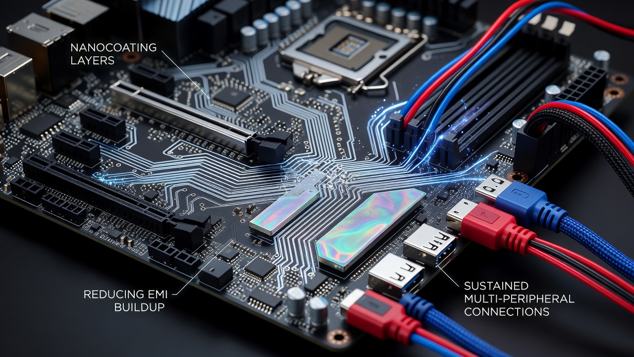 Close-up view of nanocoated circuit traces on a motherboard used in compact gaming PCs showing protective layers over copper pathways