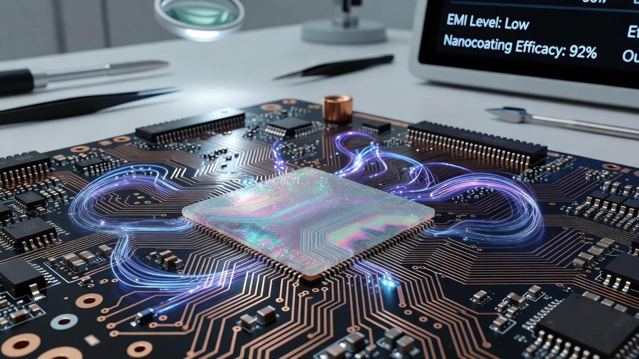 Laboratory test setup measuring electromagnetic interference on coated versus uncoated motherboard traces during multi-device gaming workloads