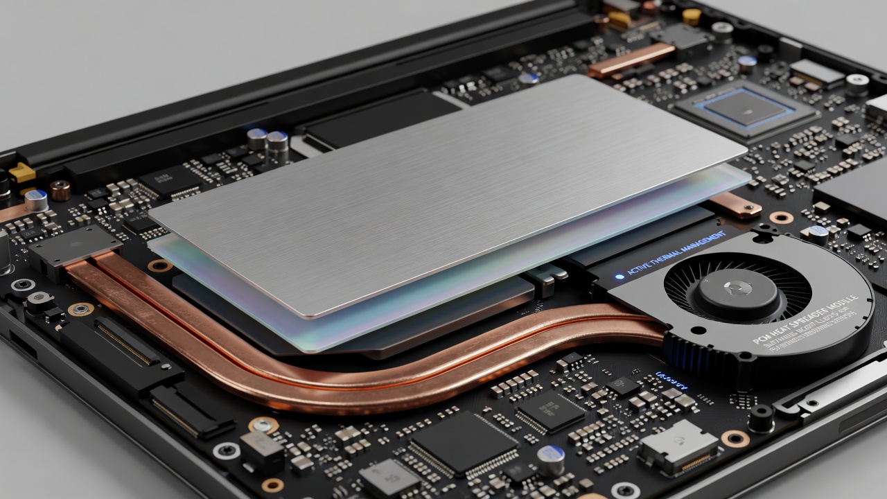 Cross-section diagram showing phase change material layers integrated into a slim laptop chassis heat spreader with heat flow paths highlighted during rendering workloads