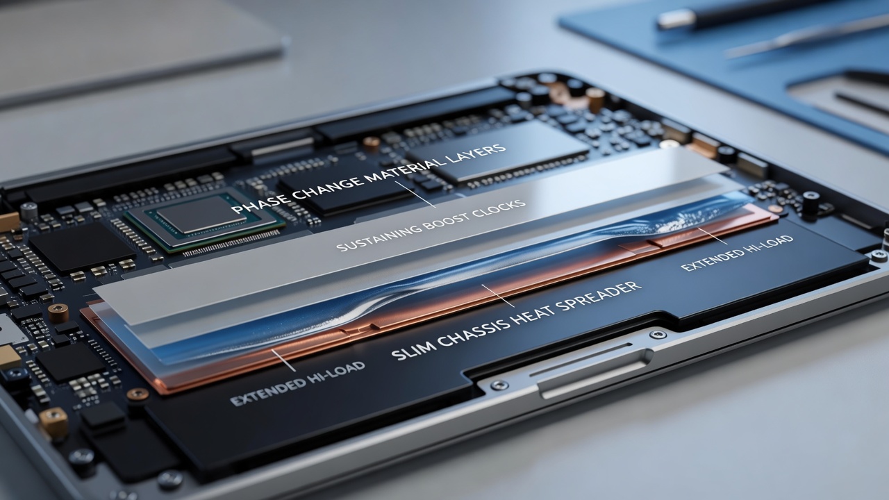 Portable laptop undergoing extended rendering test with thermal imaging overlay displaying even heat distribution from phase change material layers