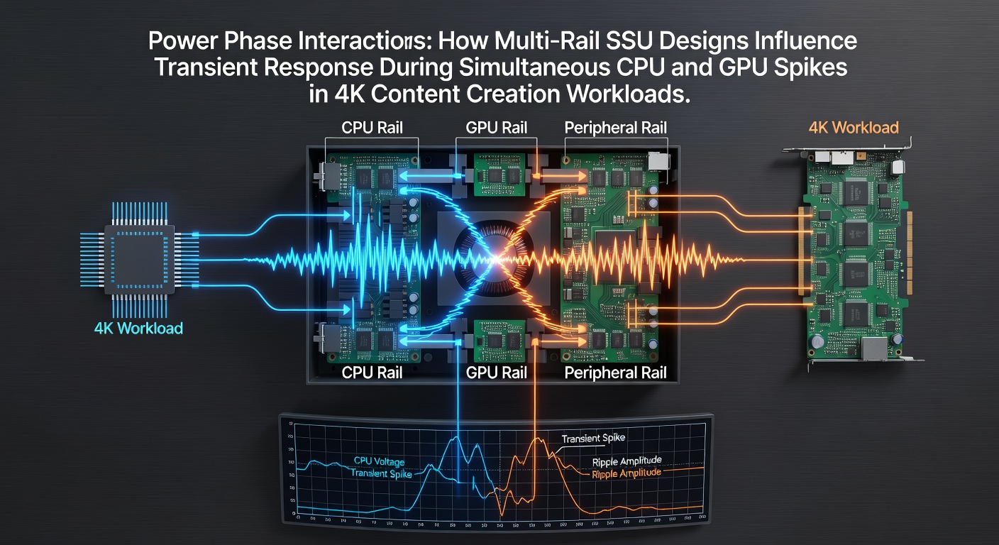 Diagram showing multi-rail PSU architecture with CPU and GPU power delivery paths during load spikes