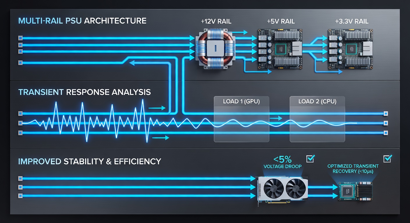 Oscilloscope capture comparing voltage stability on multi-rail versus single-rail PSUs under dual-component load spikes