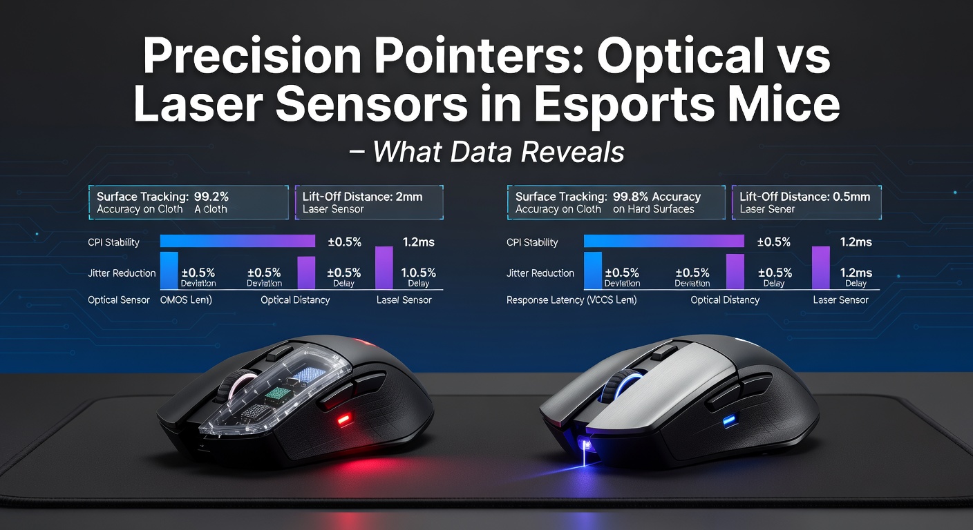 Close-up comparison of optical and laser mouse sensors highlighting LED and laser diode components side by side on a gaming mouse PCB