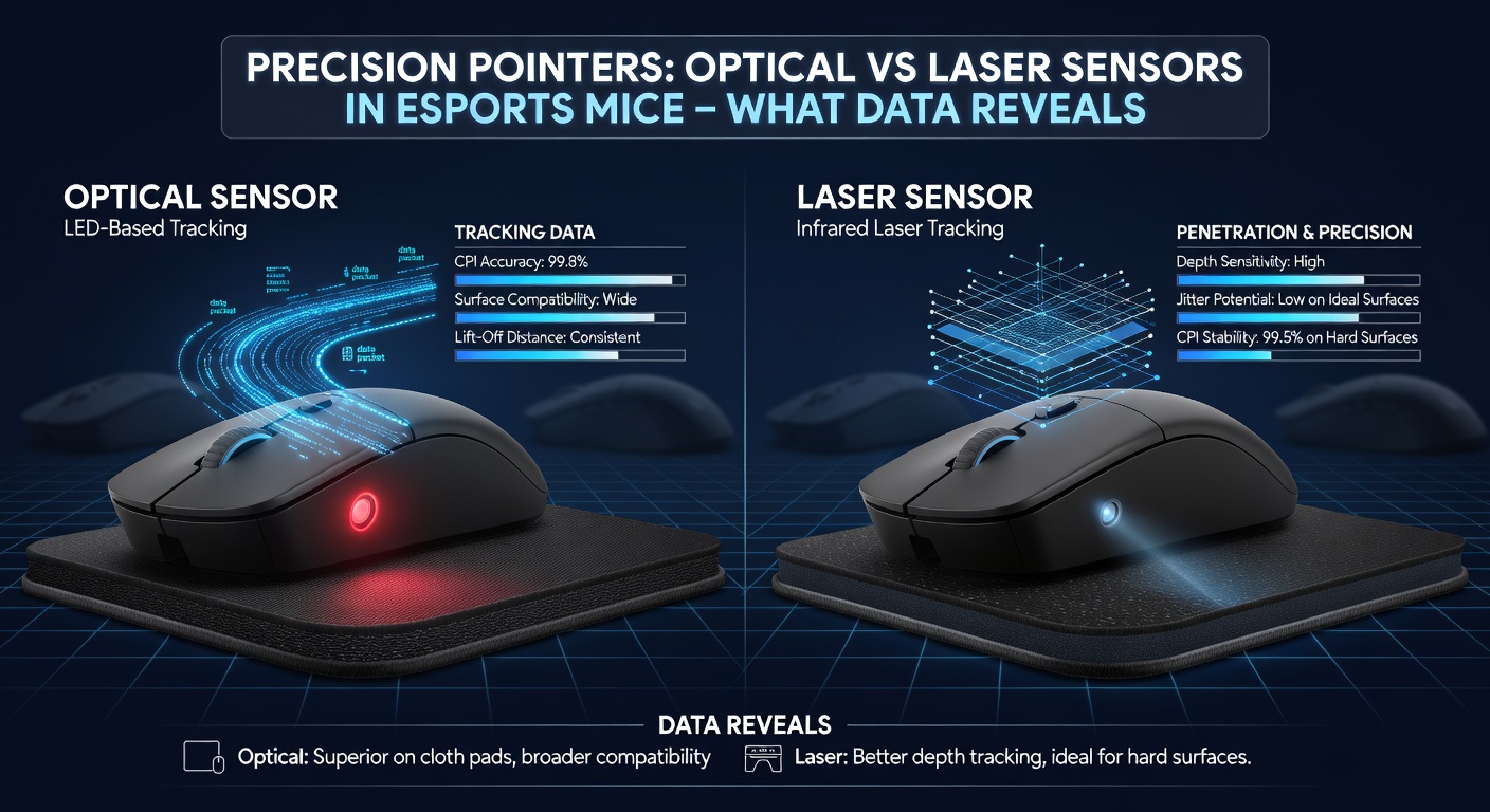 Benchmark graph overlay comparing tracking speed, acceleration tolerance, and jitter performance between top optical and laser esports mouse sensors