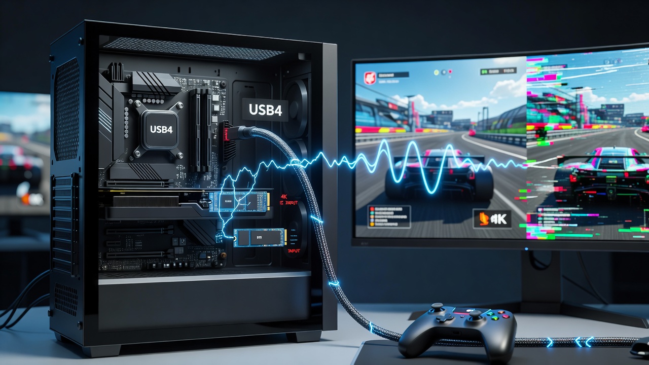 USB4 cable connected to a gaming PC showing high-speed data transfer indicators during 4K streaming setup