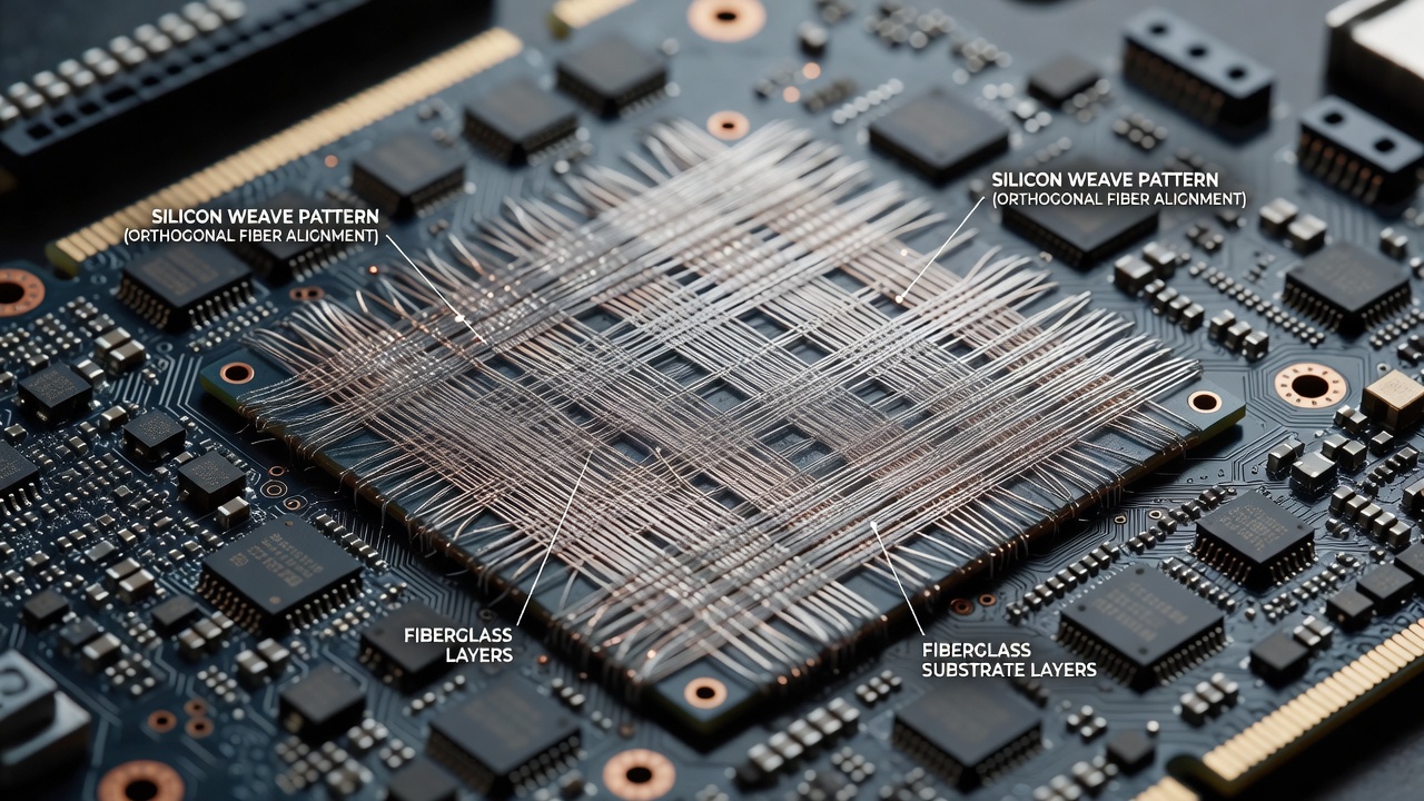 Close-up view of fiberglass weave patterns on an enthusiast motherboard substrate showing aligned silicon fibers for signal stability