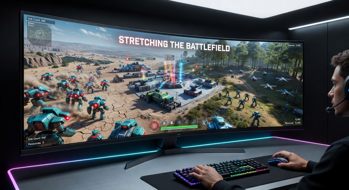 A 49-inch super ultrawide monitor displaying a vast RTS battlefield with units sprawling across the curved screen, highlighting expanded tactical overview