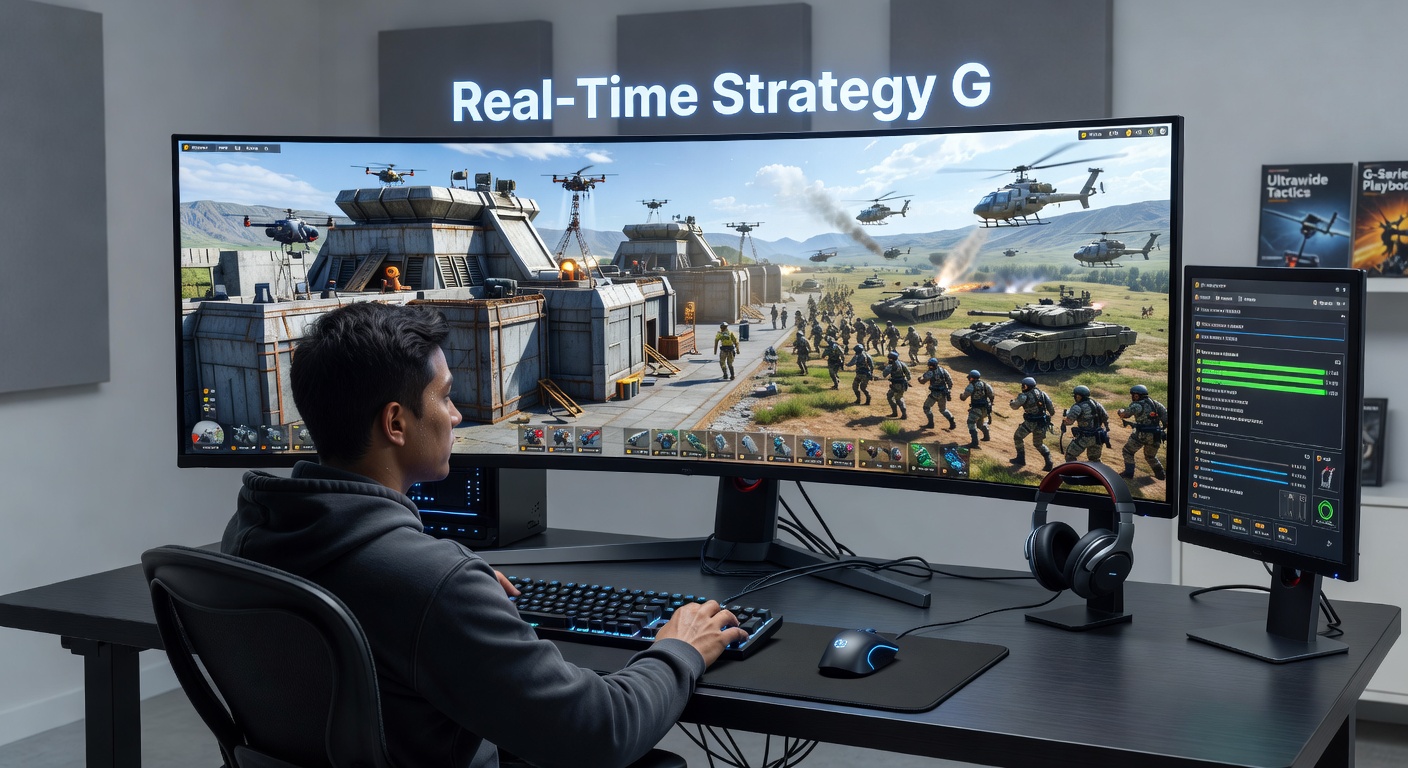 Close-up of a gamer analyzing RTS tactics on a massive curved 49-inch monitor, with multiple army groups and resource nodes visible across the expansive display