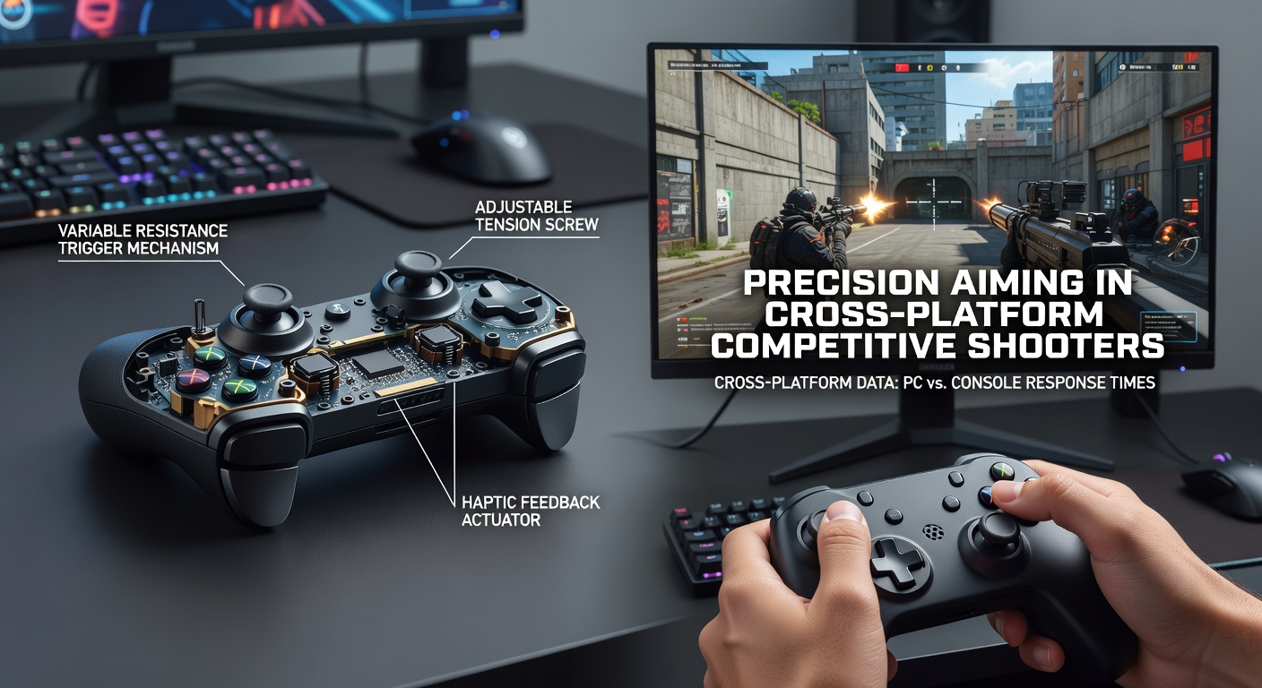 Close-up view of a modern gamepad with adaptive variable resistance triggers showing tension adjustment mechanisms during precision aiming tests