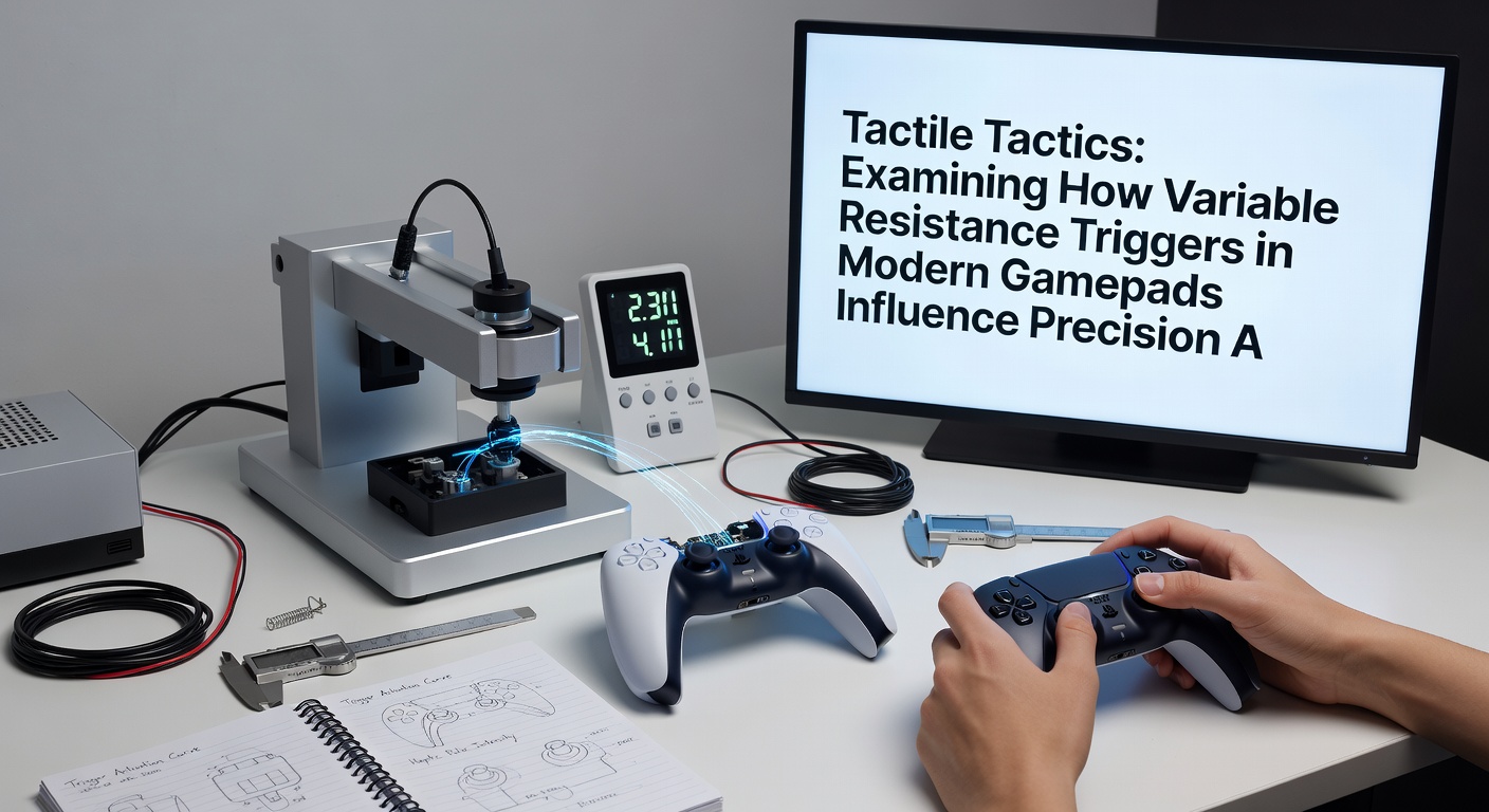 Esports player using a gamepad with variable resistance triggers during a precision aiming drill in a competitive shooter tournament setting