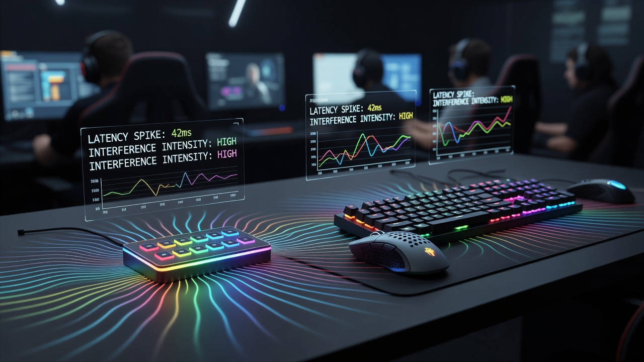 RGB lighting controller emitting signals near wireless gaming peripherals in a setup