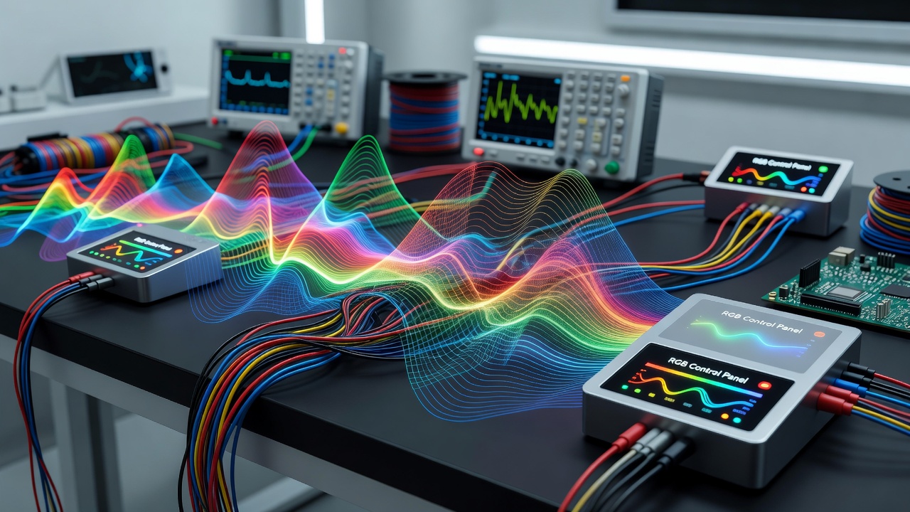 Spectrum analyzer display showing EMI patterns overlapping wireless peripheral frequencies