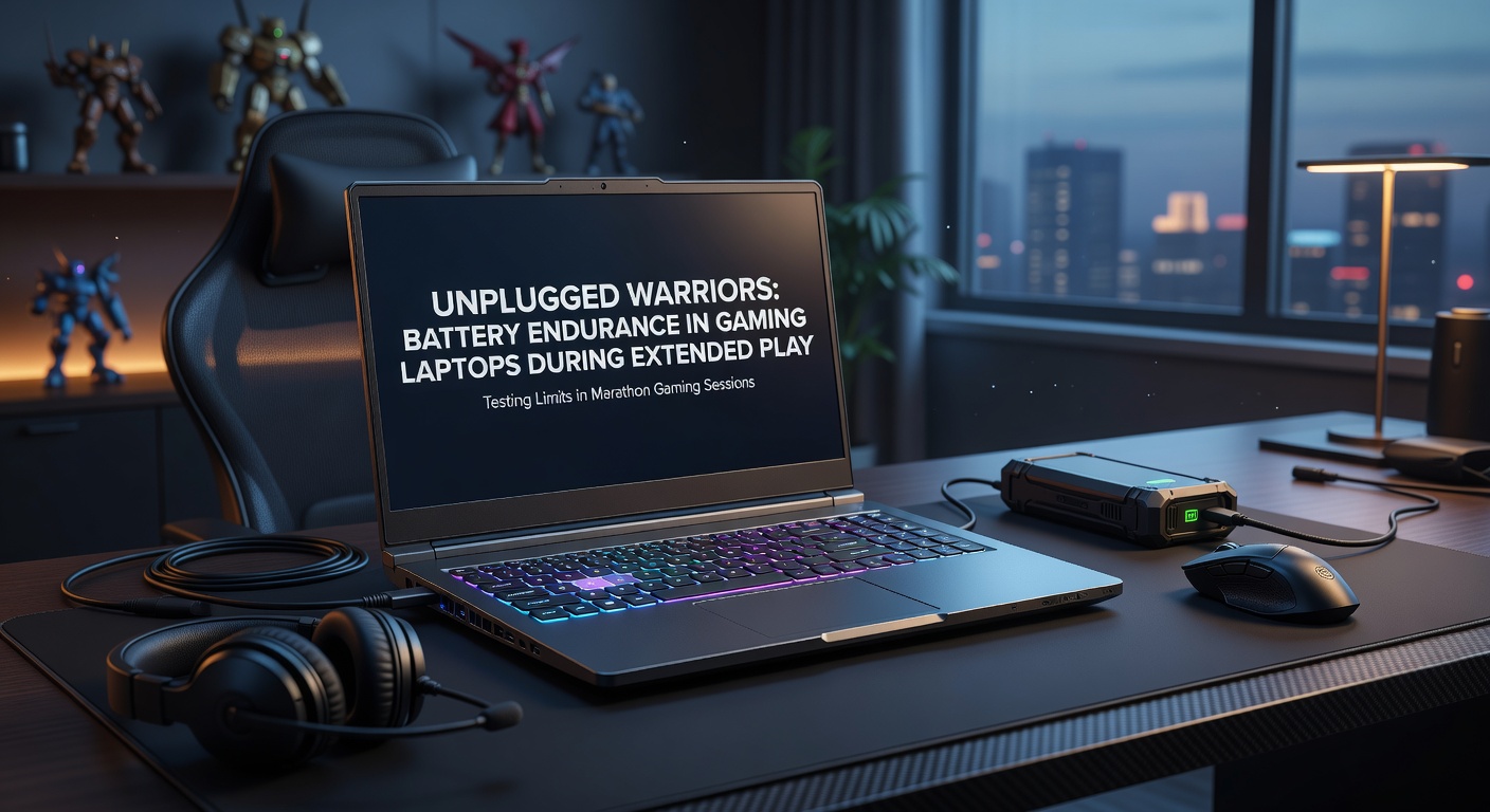 A gaming laptop unplugged on a desk, screen glowing with an intense game scene while battery icon shows moderate charge, highlighting endurance during play