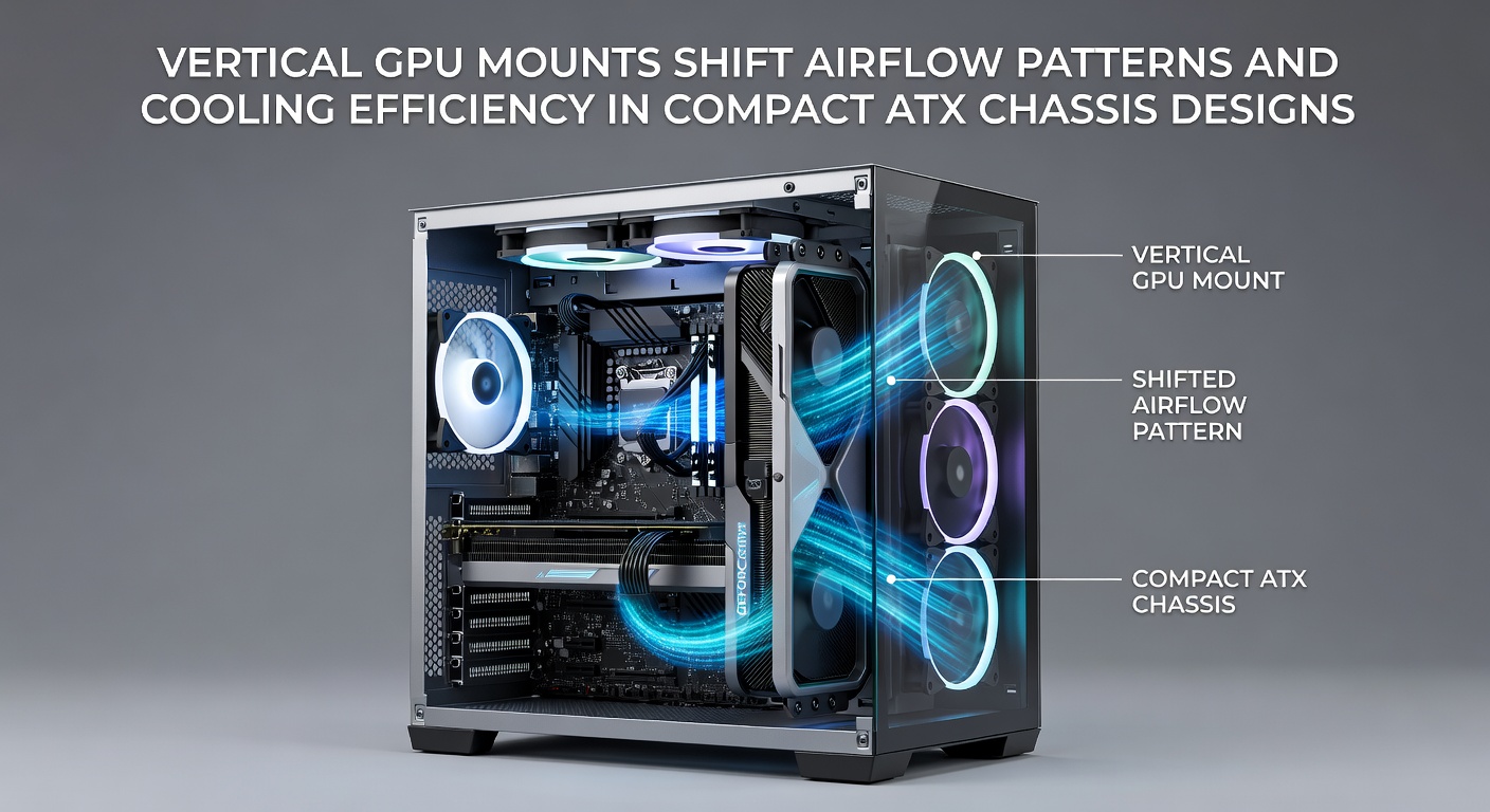 Vertical GPU mount installed in a compact ATX chassis with visible airflow indicators and fan placements