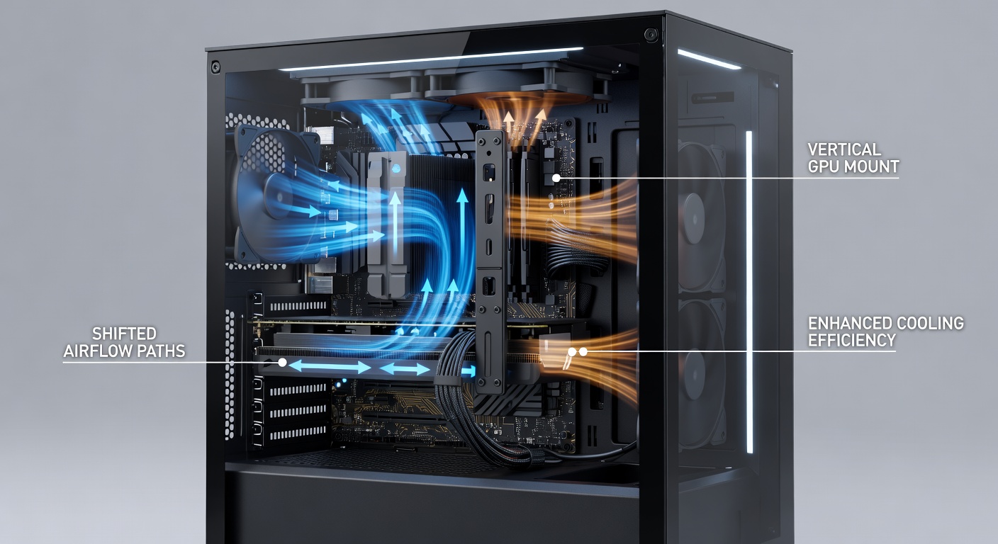 Side view of compact ATX case highlighting vertical GPU placement and directed airflow through side vents