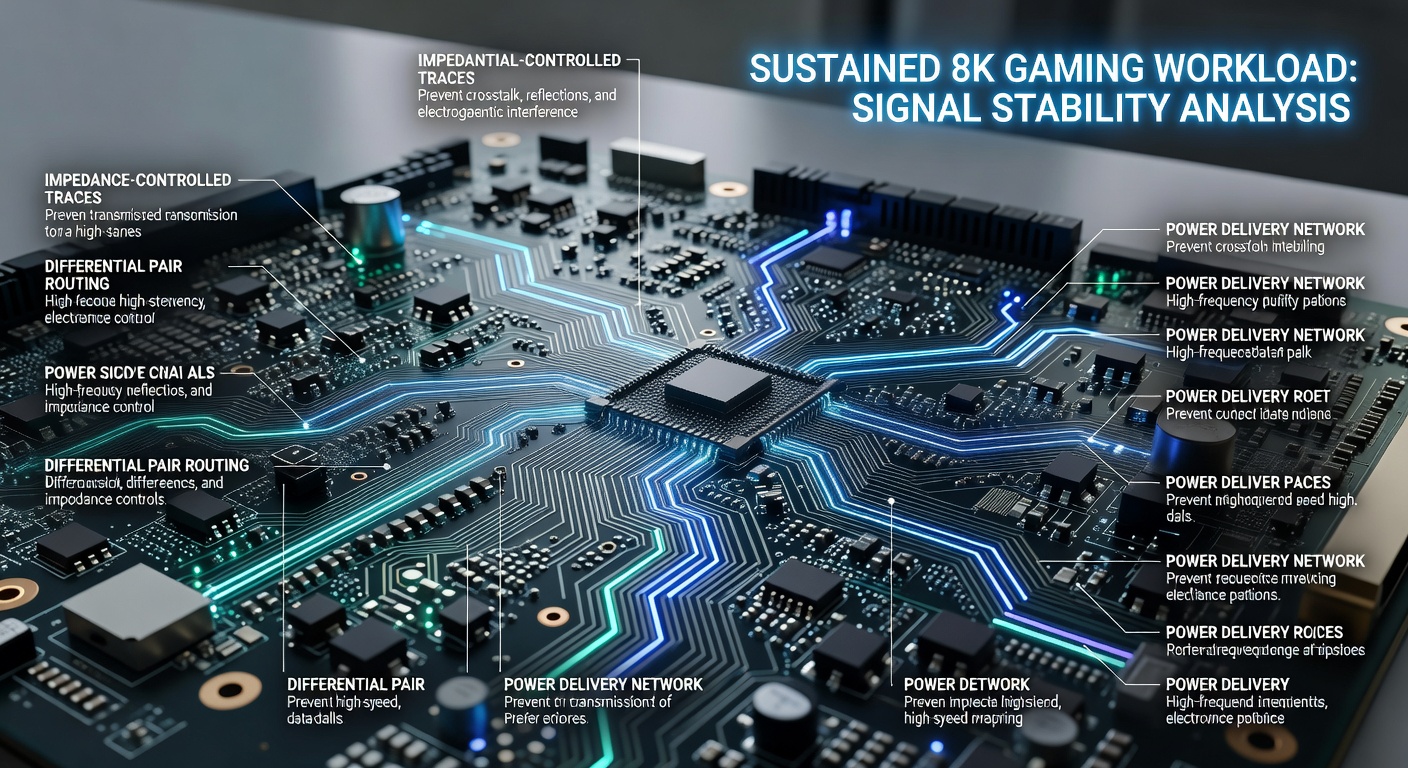 Close-up of multilayer PCB traces and impedance-controlled routing in a high-speed gaming motherboard